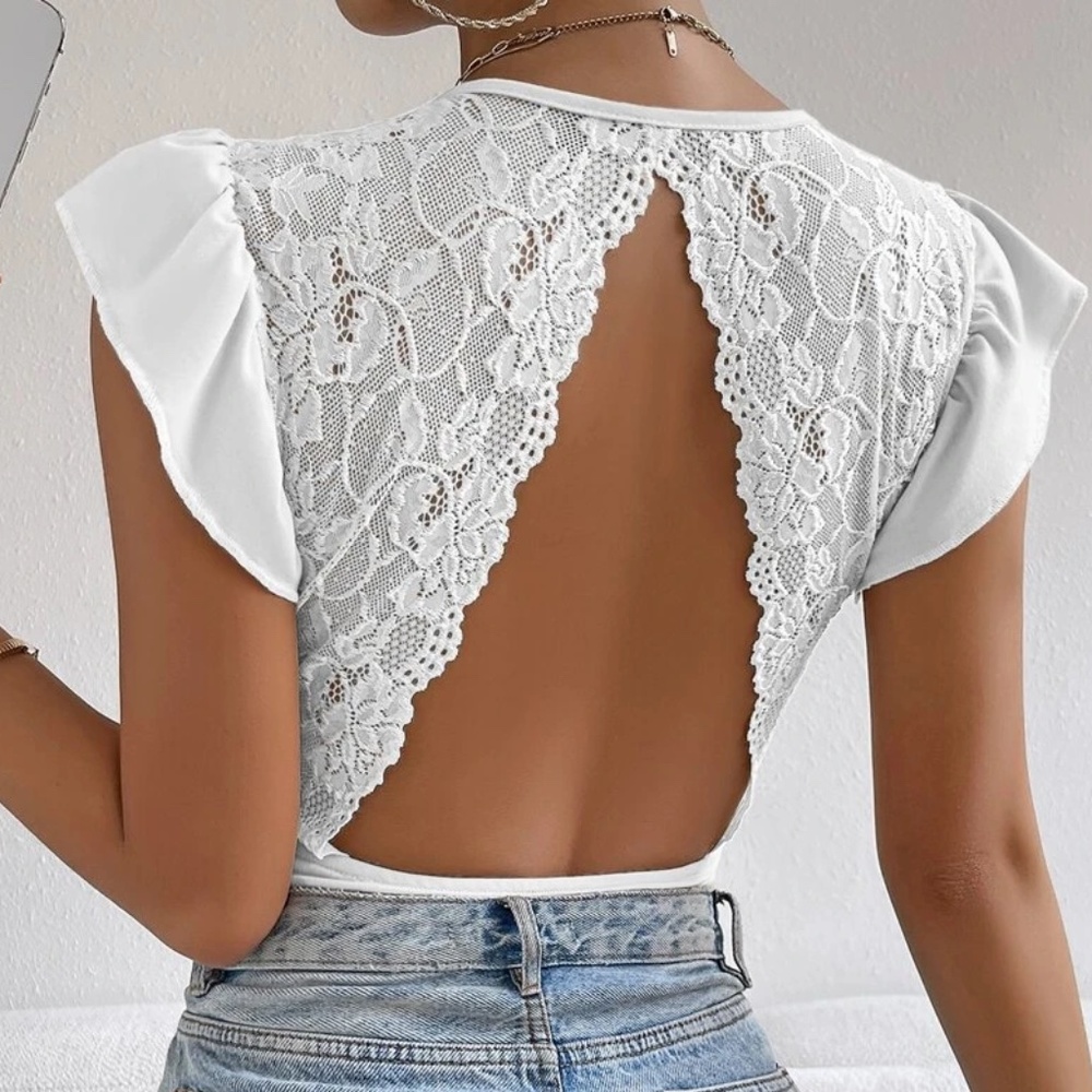 Boho Floral Lace Ruffle Sleeve Open Back Bodysuit - Picture 8 of 11